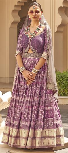 Engagement, Mehendi Sangeet, Wedding Purple and Violet color Gown in Patola Silk fabric with Bugle Beads, Embroidered, Printed, Sequence, Weaving work : 1950447