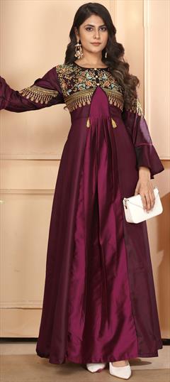 Festive, Reception Purple and Violet color Gown in Silk fabric with Embroidered, Resham, Stone, Zari work : 1950450