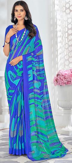 Casual Blue color Saree in Chiffon fabric with Classic Printed work : 1950452