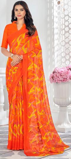 Casual Orange color Saree in Chiffon fabric with Classic Printed work : 1950453