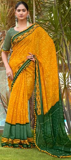 Casual, Traditional Yellow color Saree in Cotton fabric with Bengali Printed work : 1950469