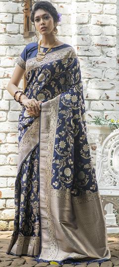 Party Wear, Traditional Blue color Saree in Banarasi Silk fabric with South Weaving work : 1950470