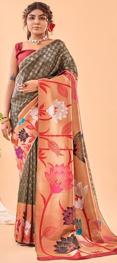 Party Wear, Reception, Traditional Black and Grey color Saree in Silk fabric with South Weaving work : 1950481