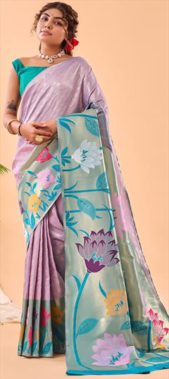 Party Wear, Reception, Traditional Purple and Violet color Saree in Silk fabric with South Weaving work : 1950482