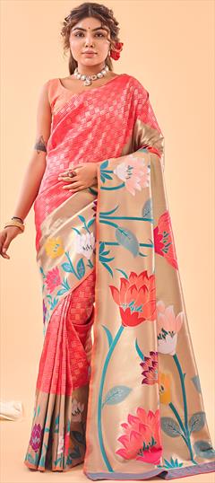 Party Wear, Reception, Traditional Pink and Majenta color Saree in Silk fabric with South Weaving work : 1950484