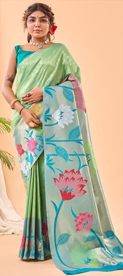 Party Wear, Reception, Traditional Green color Saree in Silk fabric with South Weaving work : 1950485