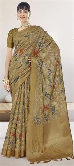 Festive, Party Wear, Traditional Beige and Brown color Saree in Silk fabric with South Digital Print, Floral, Weaving work : 1950486