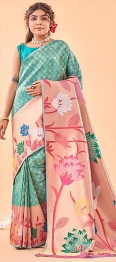 Party Wear, Reception, Traditional Green color Saree in Silk fabric with South Weaving work : 1950487