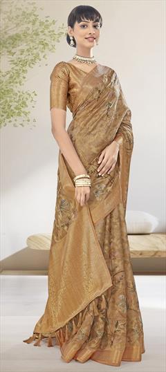 Festive, Party Wear, Traditional Beige and Brown color Saree in Silk fabric with South Digital Print, Floral, Weaving work : 1950490
