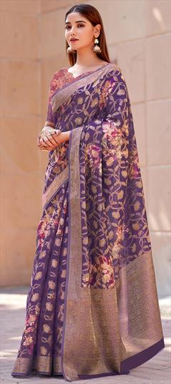 Festive, Reception, Traditional Purple and Violet color Saree in Silk fabric with South Digital Print, Floral, Weaving work : 1950492