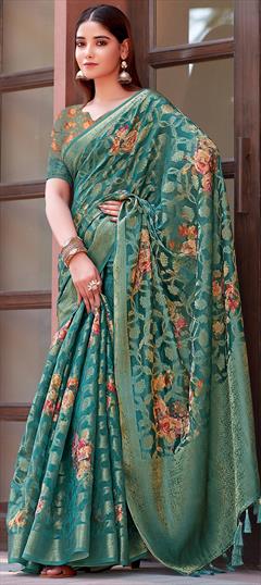 Festive, Reception, Traditional Green color Saree in Silk fabric with South Digital Print, Floral, Weaving work : 1950494