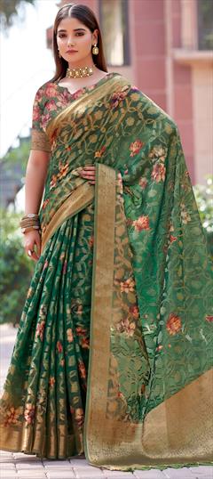 Festive, Reception, Traditional Green color Saree in Silk fabric with South Digital Print, Floral, Weaving work : 1950496