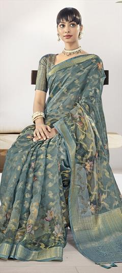 Festive, Party Wear, Traditional Blue color Saree in Silk fabric with South Digital Print, Floral, Weaving work : 1950498