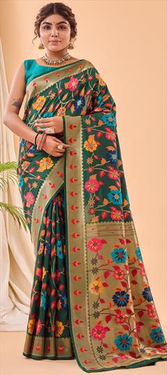 Reception, Traditional, Wedding Green color Saree in Silk fabric with South Weaving work : 1950505