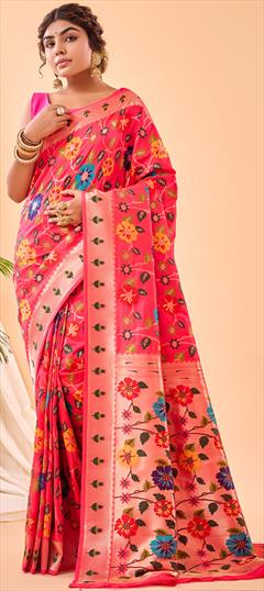 Reception, Traditional, Wedding Pink and Majenta color Saree in Silk fabric with South Weaving work : 1950507
