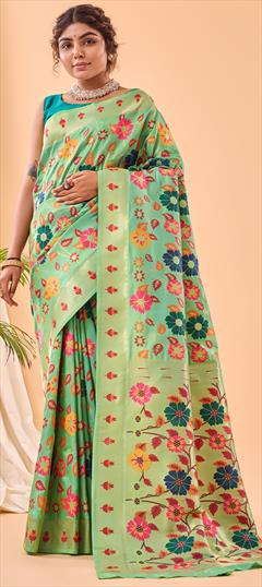Reception, Traditional, Wedding Green color Saree in Silk fabric with South Weaving work : 1950508