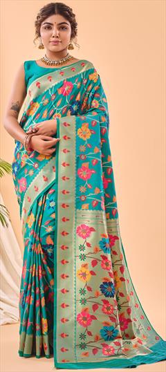 Reception, Traditional, Wedding Green color Saree in Silk fabric with South Weaving work : 1950509