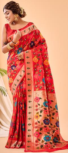 Reception, Traditional, Wedding Red and Maroon color Saree in Silk fabric with South Weaving work : 1950510