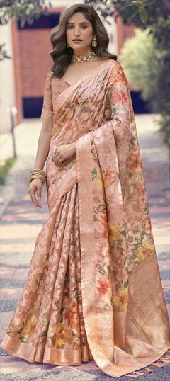 Reception, Traditional Pink and Majenta color Saree in Silk fabric with South Digital Print, Floral, Weaving work : 1950511