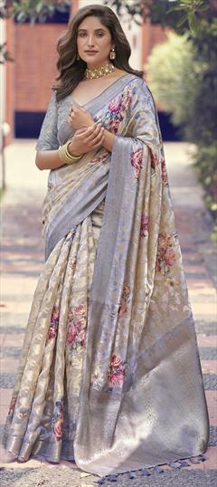 Reception, Traditional Black and Grey color Saree in Silk fabric with South Digital Print, Floral, Weaving work : 1950513
