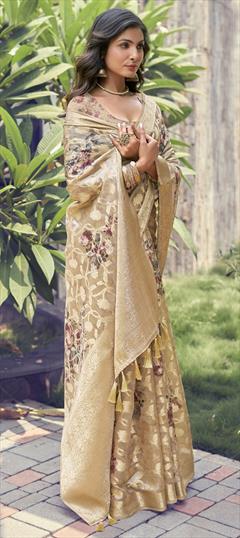 Reception, Traditional Beige and Brown color Saree in Silk fabric with South Digital Print, Floral, Weaving work : 1950514