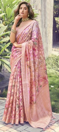 Reception, Traditional Pink and Majenta color Saree in Silk fabric with South Digital Print, Floral, Weaving work : 1950515
