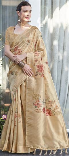 Engagement, Reception, Traditional Beige and Brown color Saree in Organza Silk fabric with Classic Digital Print, Floral, Weaving work : 1950519