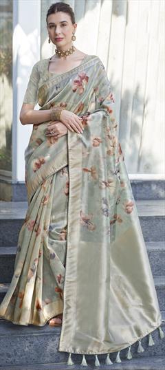 Engagement, Reception, Traditional Green color Saree in Organza Silk fabric with Classic Digital Print, Floral, Weaving work : 1950521