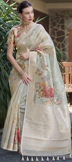 Engagement, Reception, Traditional Green color Saree in Organza Silk fabric with Classic Digital Print, Floral, Weaving work : 1950523