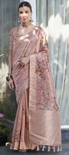 Engagement, Reception, Traditional Pink and Majenta color Saree in Organza Silk fabric with Classic Digital Print, Floral, Weaving work : 1950524