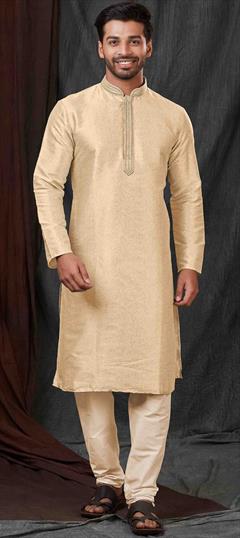 Party Wear Beige and Brown color Kurta Pyjamas in Jacquard fabric with Thread, Weaving work : 1950547