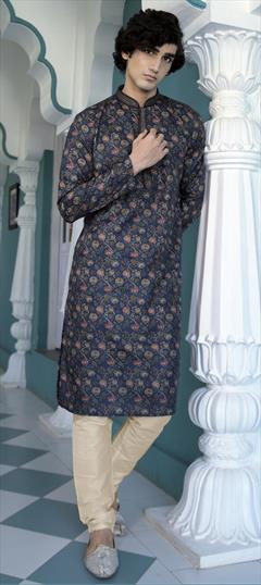 Festive, Party Wear Blue color Kurta Pyjamas in Poly cotton fabric with Digital Print, Floral, Thread work : 1950554