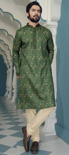 Festive, Party Wear Green color Kurta Pyjamas in Poly cotton fabric with Digital Print, Floral, Thread work : 1950555