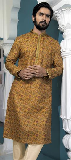 Festive, Party Wear Yellow color Kurta Pyjamas in Poly cotton fabric with Digital Print, Floral, Thread work : 1950568
