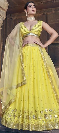 Engagement, Festive, Reception Yellow color Lehenga in Georgette fabric with Flared Sequence work : 1950852
