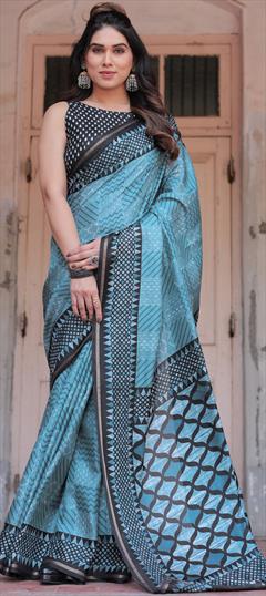 Festive, Party Wear, Traditional Blue color Saree in Blended fabric with Bengali Block Print work : 1950869