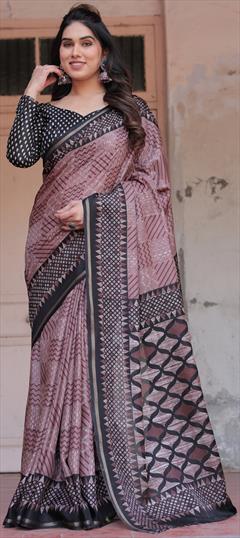 Party Wear, Traditional Pink and Majenta color Saree in Blended fabric with Bengali Block Print work : 1950870