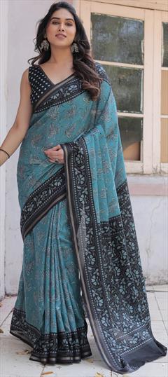 Festive, Party Wear, Traditional Blue color Saree in Blended fabric with Bengali Floral work : 1950872