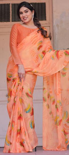Casual Orange color Saree in Chiffon fabric with Classic Printed work : 1950873
