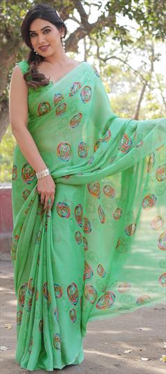 Casual Green color Saree in Chiffon fabric with Classic Block Print work : 1950874