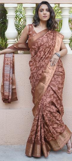 Party Wear, Traditional Beige and Brown color Saree in Blended fabric with Bengali Floral work : 1950902
