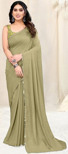 Party Wear, Traditional Green color Saree in Blended fabric with Bengali Thread work : 1950904