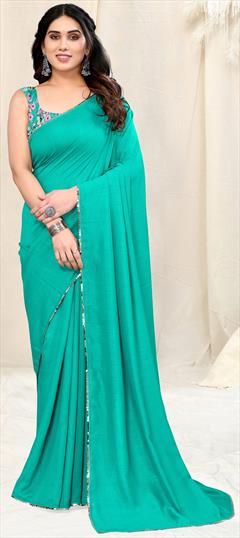 Party Wear, Traditional Blue color Saree in Blended fabric with Bengali Thread work : 1950917