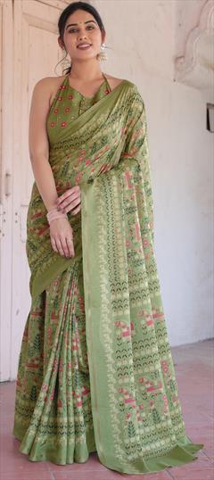 Party Wear, Traditional Green color Saree in Blended fabric with Bengali Printed work : 1950921