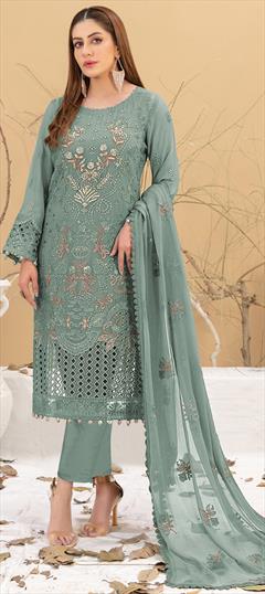 Festive, Reception Green color Salwar Kameez in Faux Georgette fabric with Pakistani, Straight Embroidered, Sequence, Thread work : 1950928