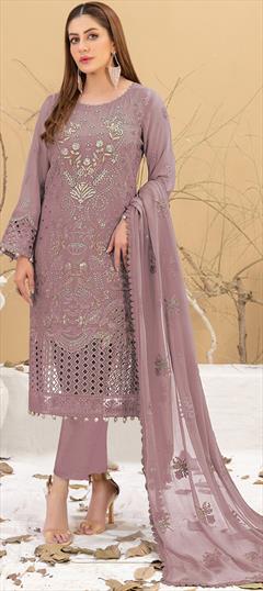 Festive, Reception Purple and Violet color Salwar Kameez in Faux Georgette fabric with Pakistani, Straight Embroidered, Sequence, Thread work : 1950930