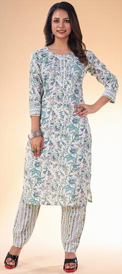 Festive, Party Wear White and Off White color Salwar Kameez in Cotton fabric with Floral, Printed work : 1950933