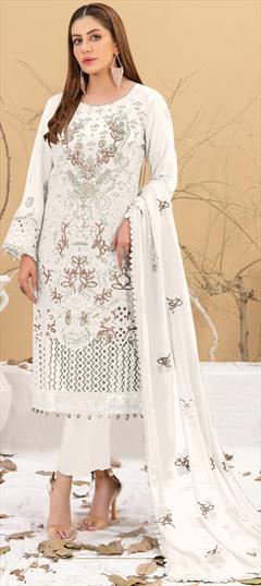 Festive, Party Wear White and Off White color Salwar Kameez in Faux Georgette fabric with Pakistani, Straight Embroidered, Sequence, Thread work : 1950934
