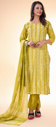Festive, Party Wear Yellow color Salwar Kameez in Cotton fabric with Straight Printed, Resham, Thread work : 1950938