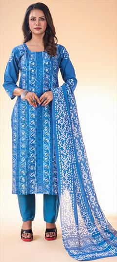 Festive, Party Wear Blue color Salwar Kameez in Cotton fabric with Straight Printed, Resham, Thread work : 1950939